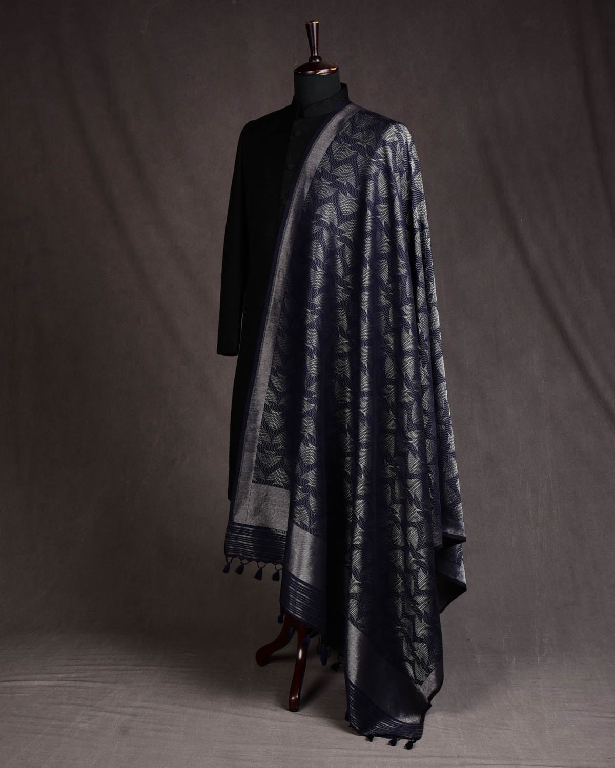 Navy Blue Banarasi Oceanic Pisces Silver Zari Brocade Handwoven Silk Wool Shawl-HolyWeaves