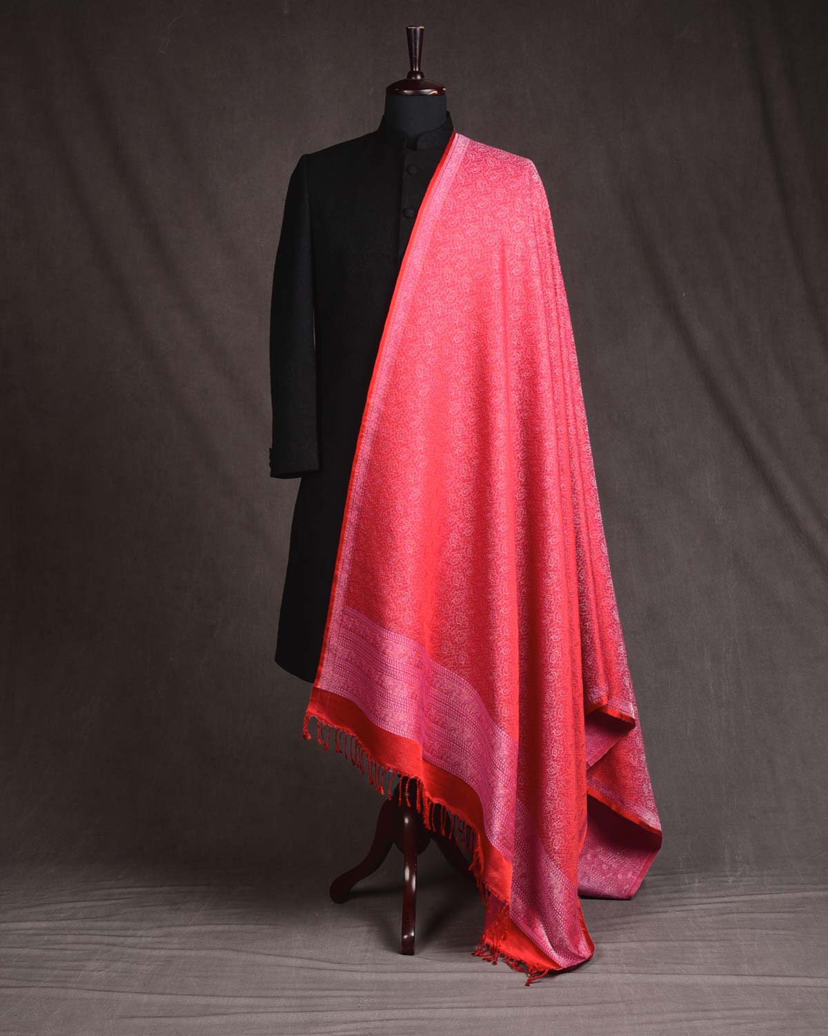 Bridal Red Banarasi Tehra Paisley Satin Jamawar Handwoven Silk Wool Shawl-HolyWeaves