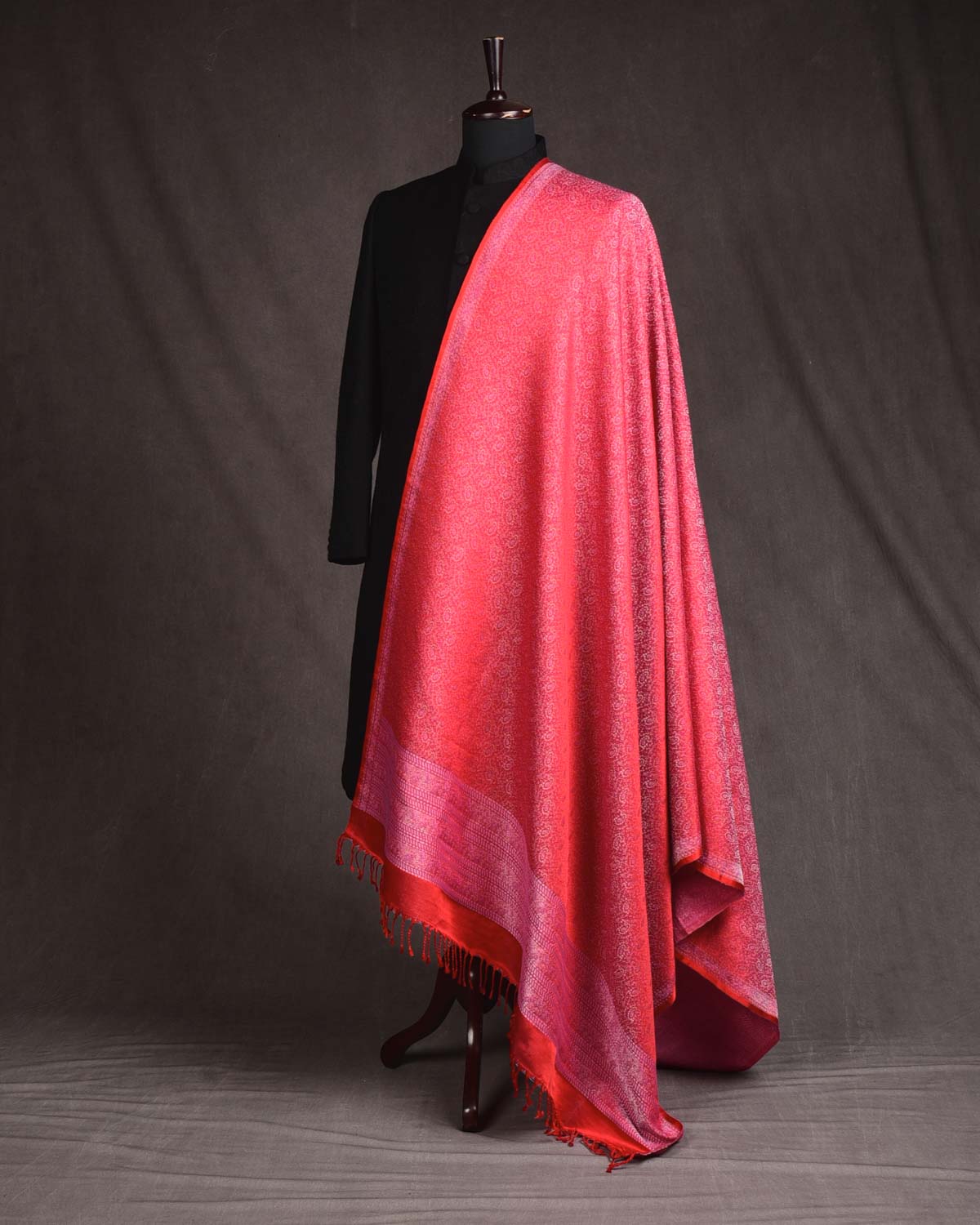 Bridal Red Banarasi Tehra Paisley Satin Jamawar Handwoven Silk Wool Shawl-HolyWeaves