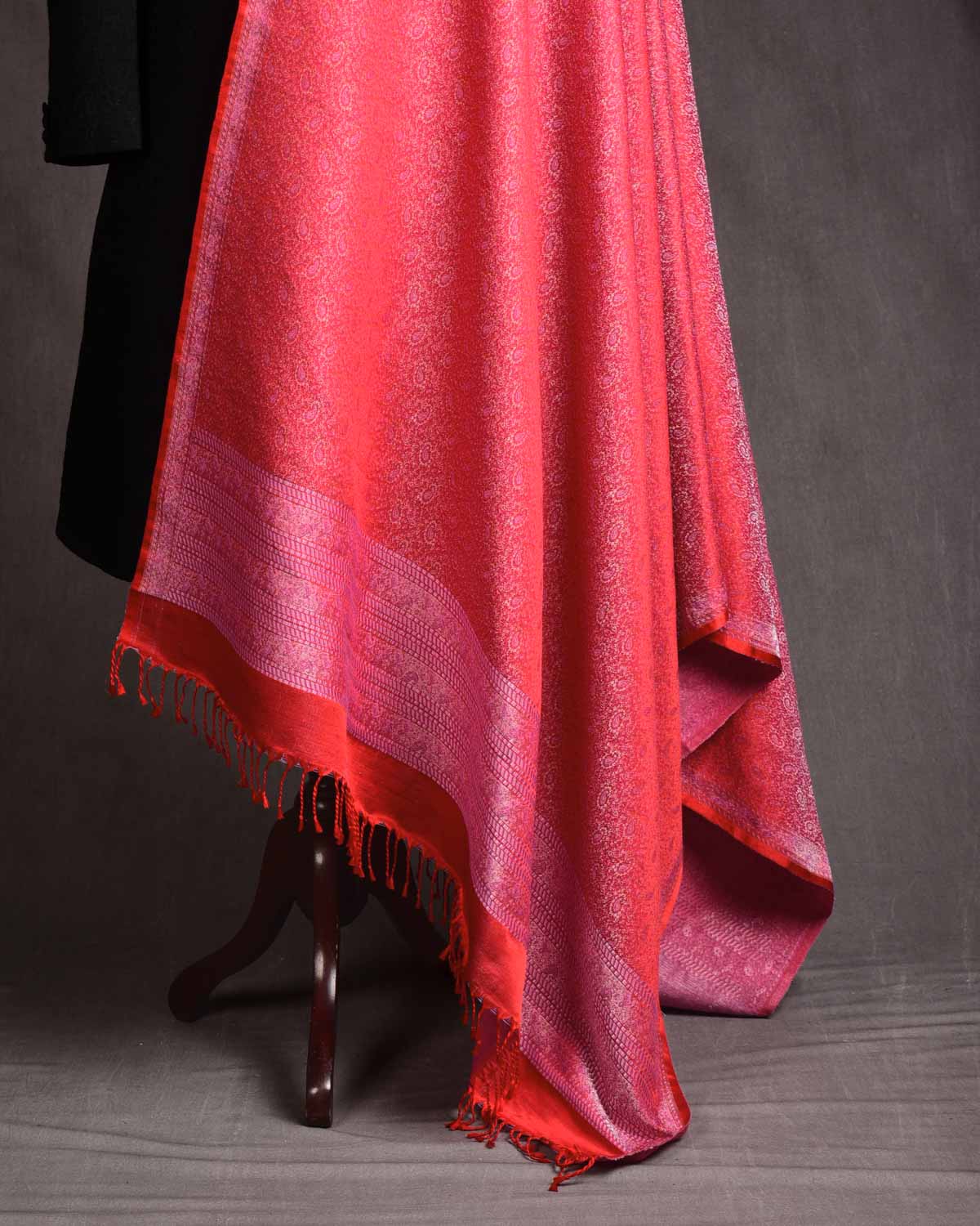 Bridal Red Banarasi Tehra Paisley Satin Jamawar Handwoven Silk Wool Shawl-HolyWeaves