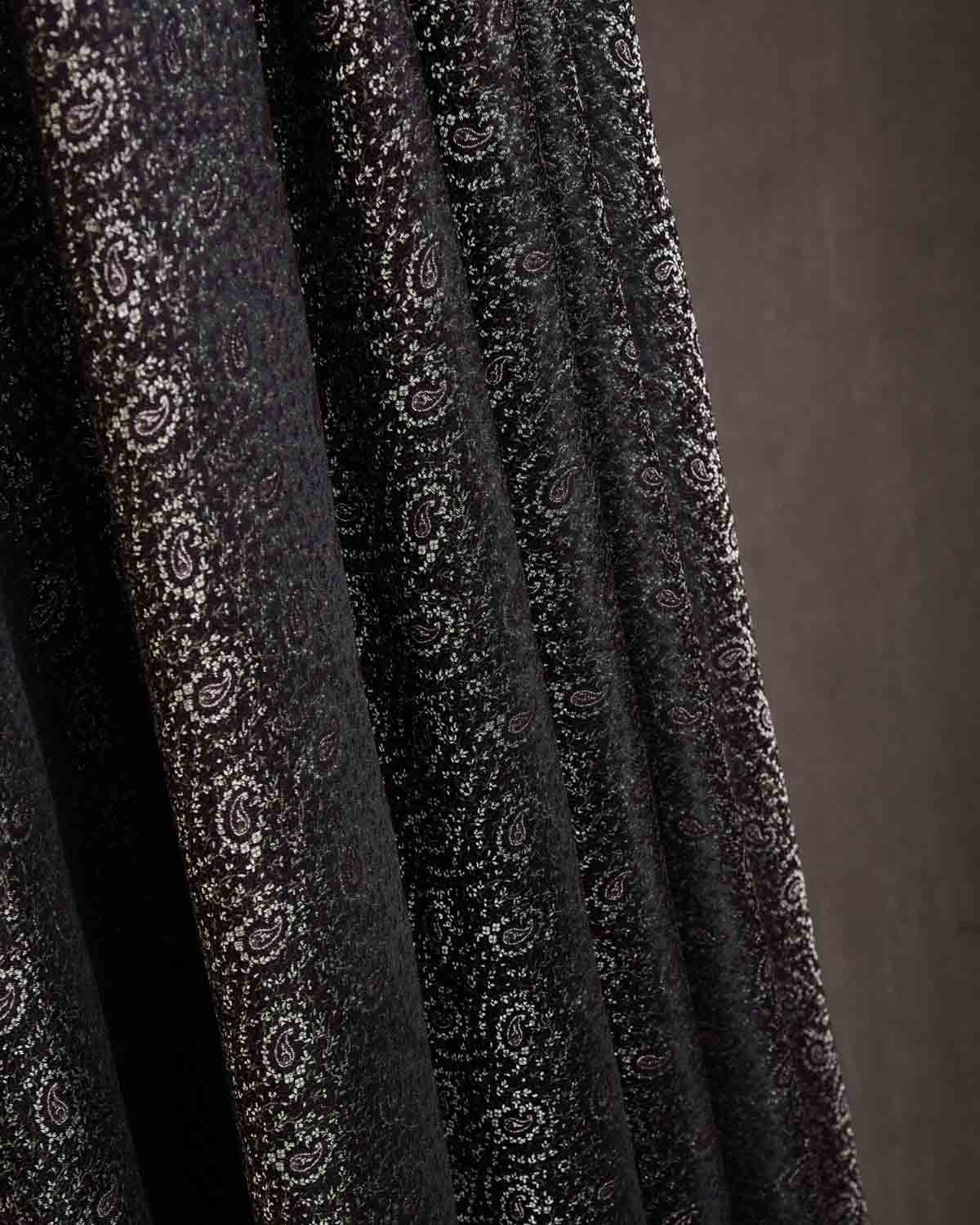 Black Banarasi Tehra Paisley Satin Jamawar Handwoven Silk Wool Shawl with Silver Zari-HolyWeaves