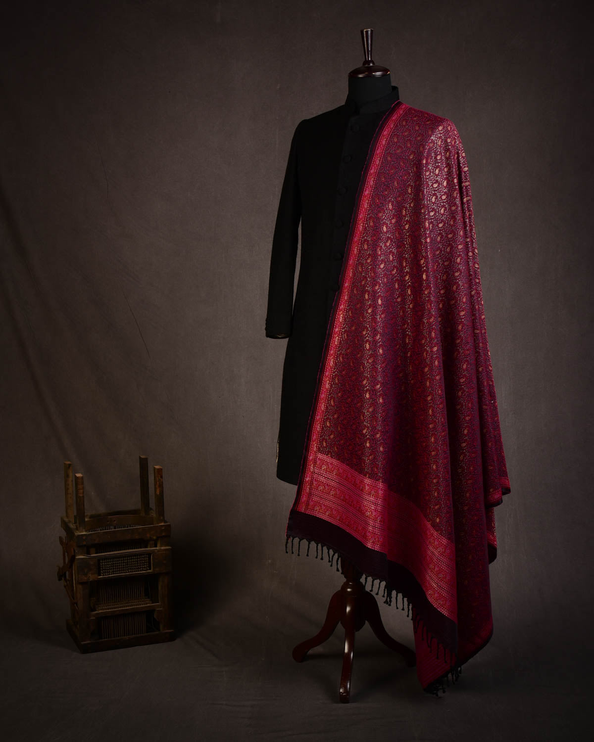 Maroon Banarasi Tehra Paisley Satin Jamawar Handwoven Silk Wool Shawl with Gold Zari-HolyWeaves