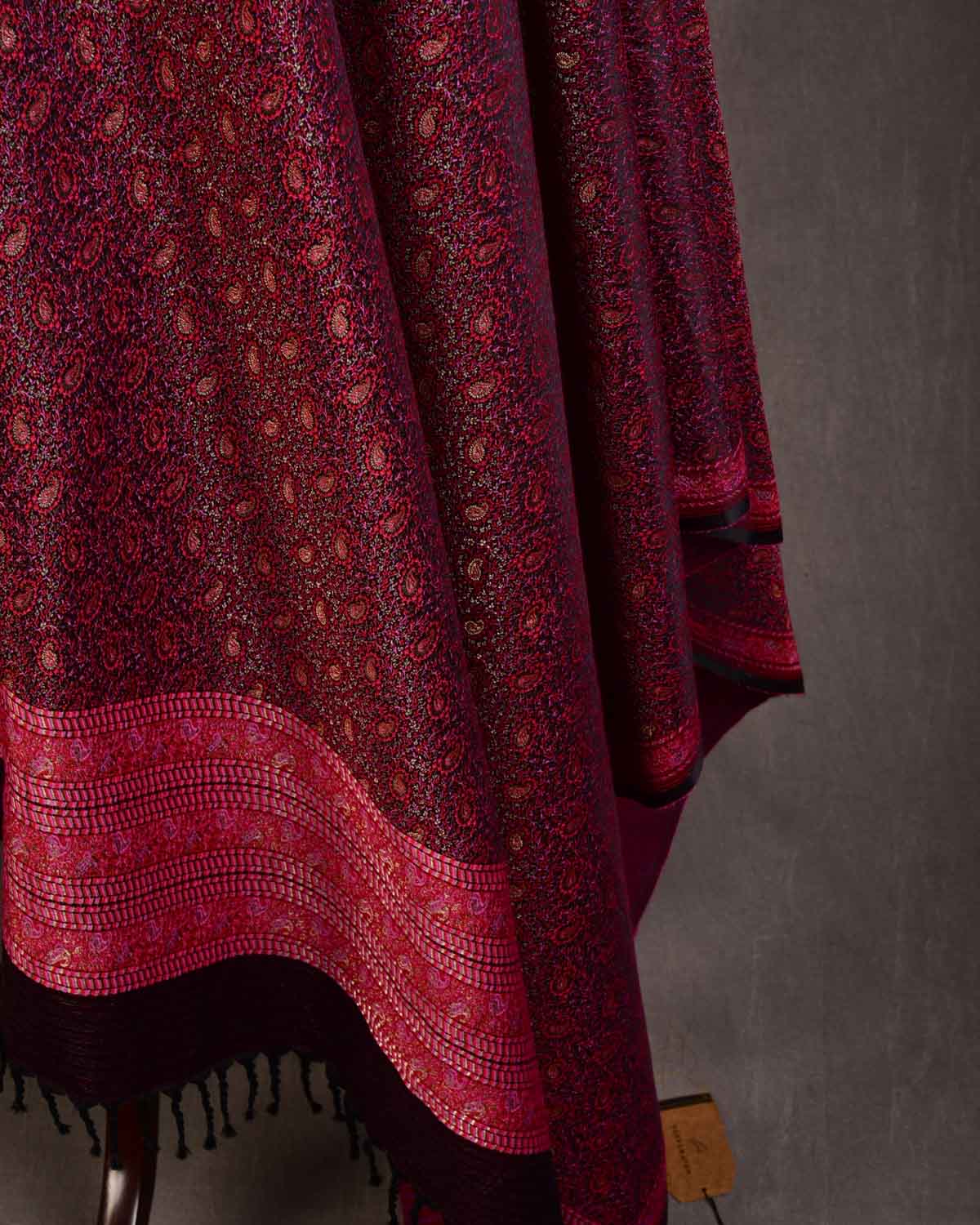 Maroon Banarasi Tehra Paisley Satin Jamawar Handwoven Silk Wool Shawl with Gold Zari-HolyWeaves