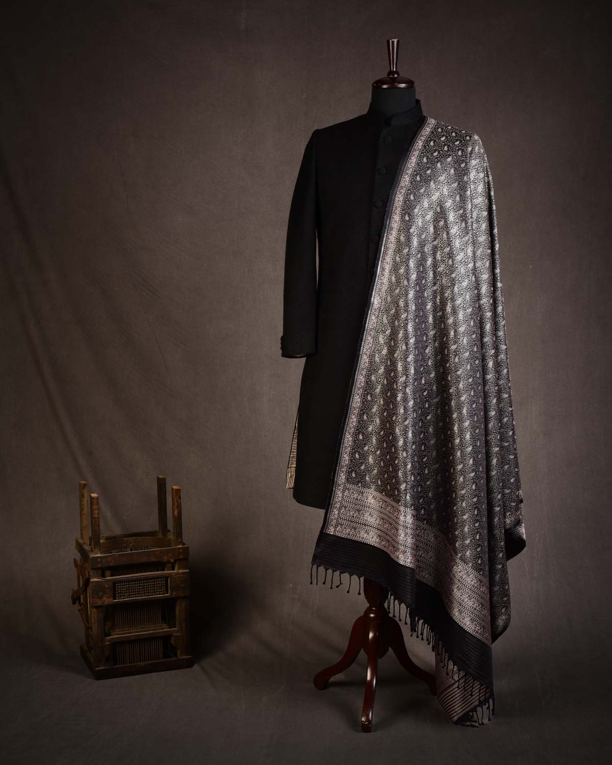 Black Tehra Paisley Satin Jamawar Handwoven Silk Wool Dress Shawl with Silver Zari-HolyWeaves