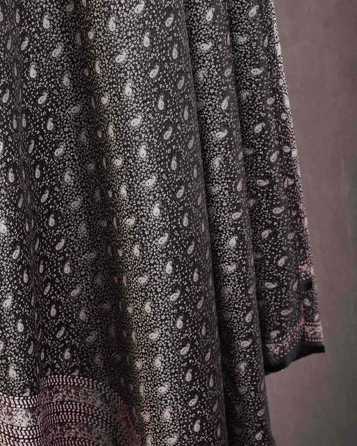 Black Tehra Paisley Satin Jamawar Handwoven Silk Wool Dress Shawl with Silver Zari-HolyWeaves