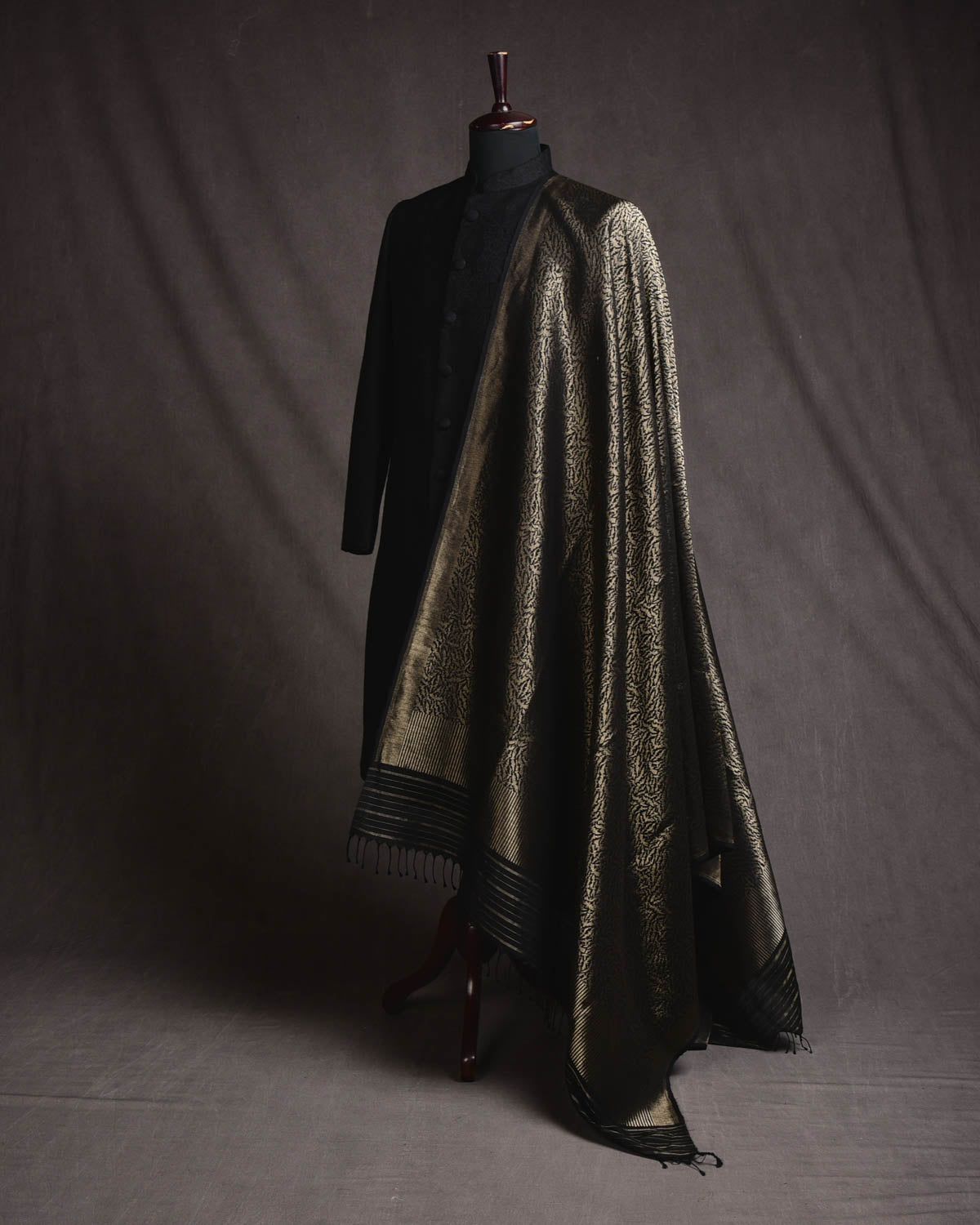 Black Banarasi Norturnal Bats Gold Zari Brocade Handwoven Silk Wool Shawl-HolyWeaves