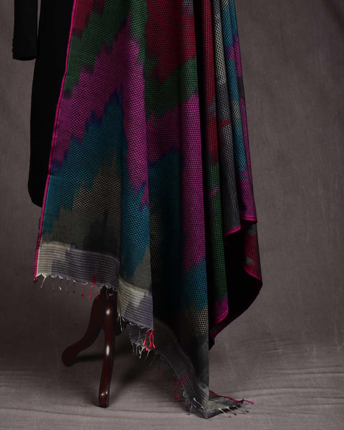 Vibgyor Black Rainbow Brocade Handwoven Banarasi Silk Wool Shawl-HolyWeaves