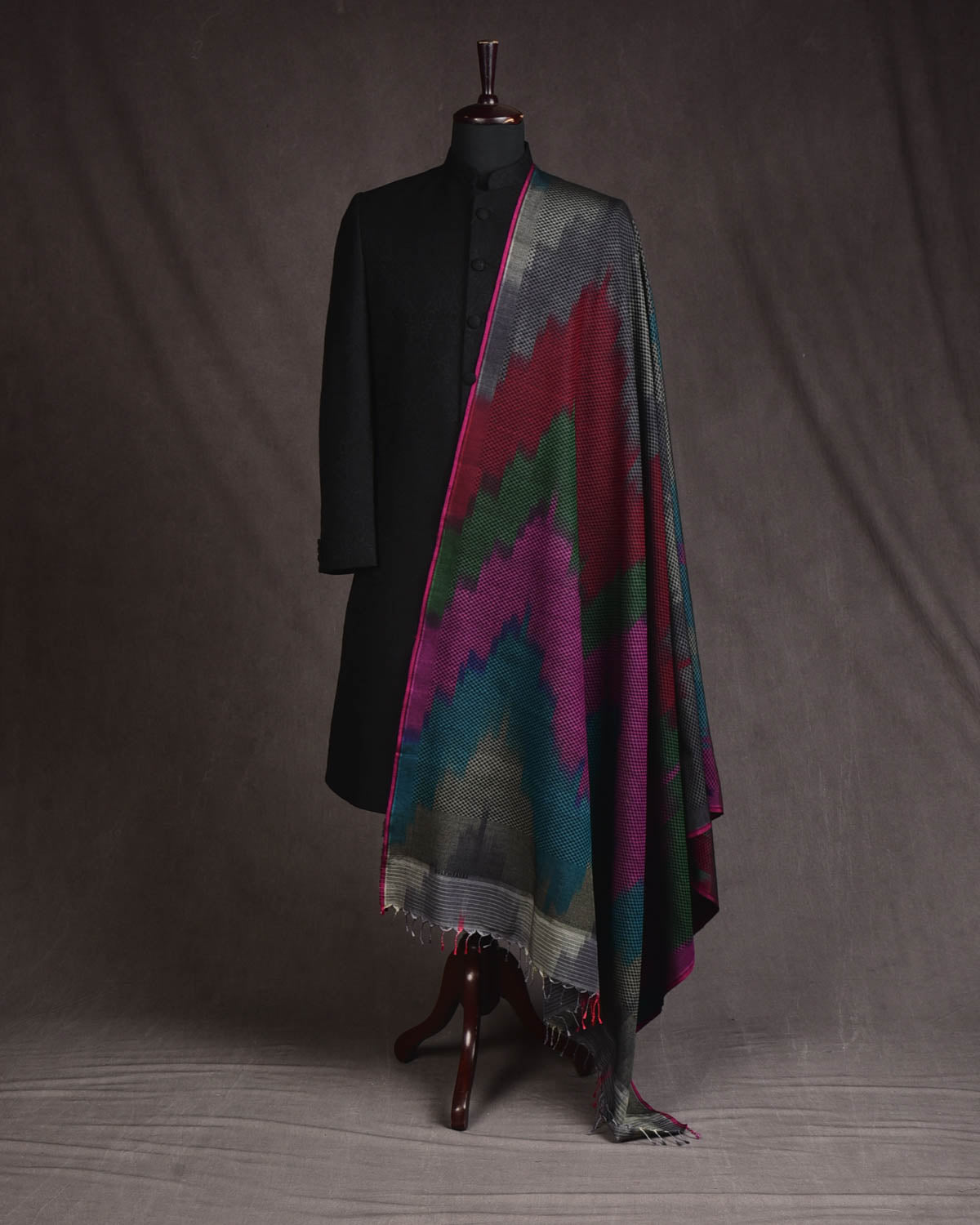 Vibgyor Black Rainbow Brocade Handwoven Banarasi Silk Wool Shawl-HolyWeaves