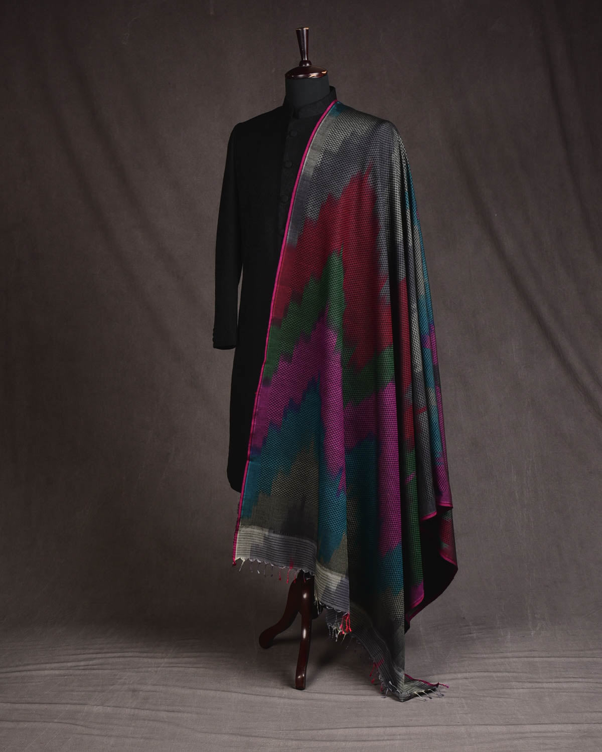 Vibgyor Black Rainbow Brocade Handwoven Banarasi Silk Wool Shawl-HolyWeaves