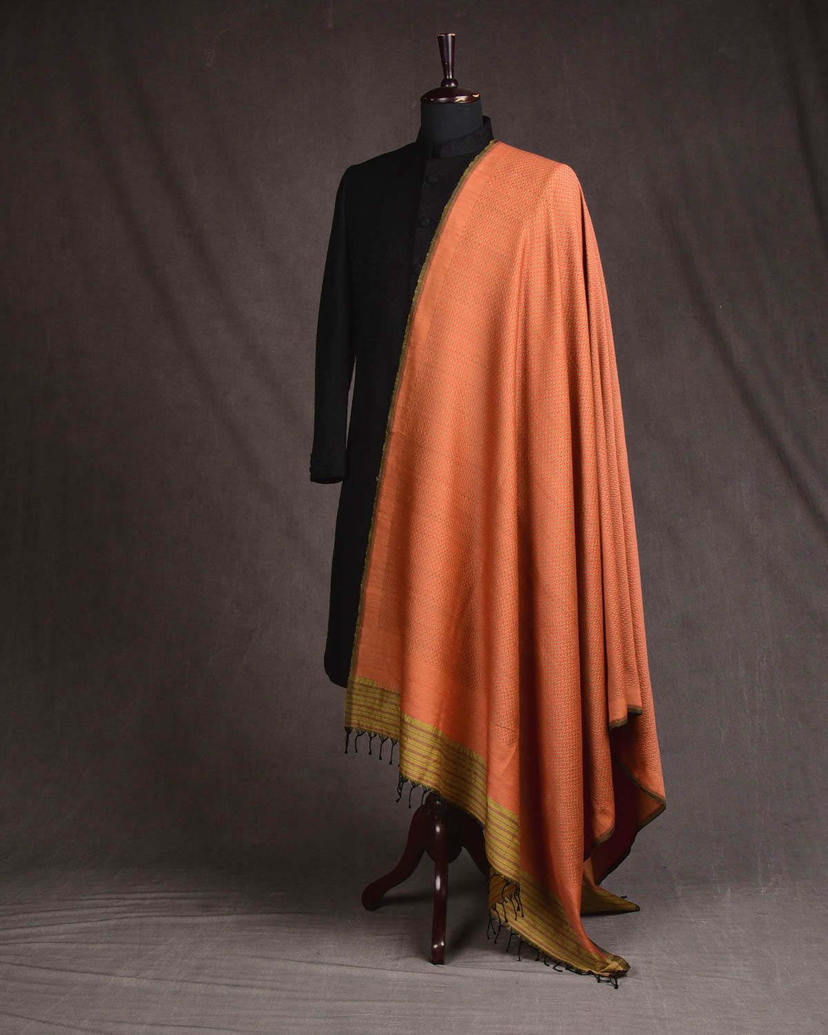 Green Rust Herringbone Leaves Brocade Handwoven Banarasi Silk Wool Shawl-HolyWeaves