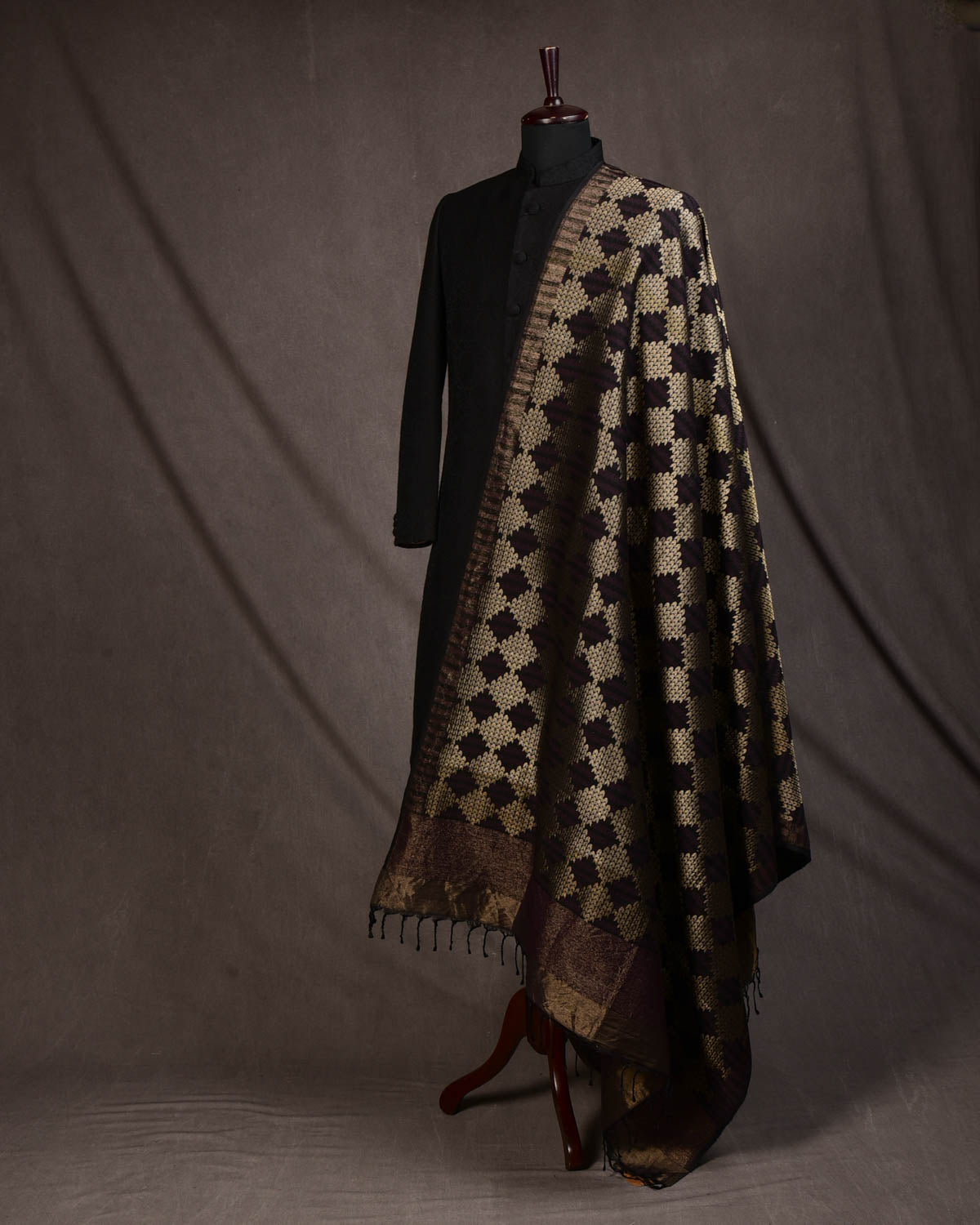 Black Banarasi Tehra Herringbone Brocade Handwoven Silk Wool Dress Shawl-HolyWeaves