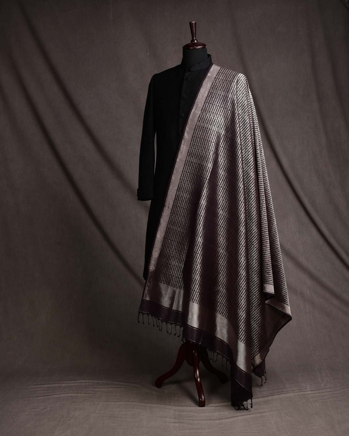 Mahogany Banarasi Silver Zari Geeta Shlok 2.47 Brocade Handwoven Silk Wool Dress Shawl-HolyWeaves