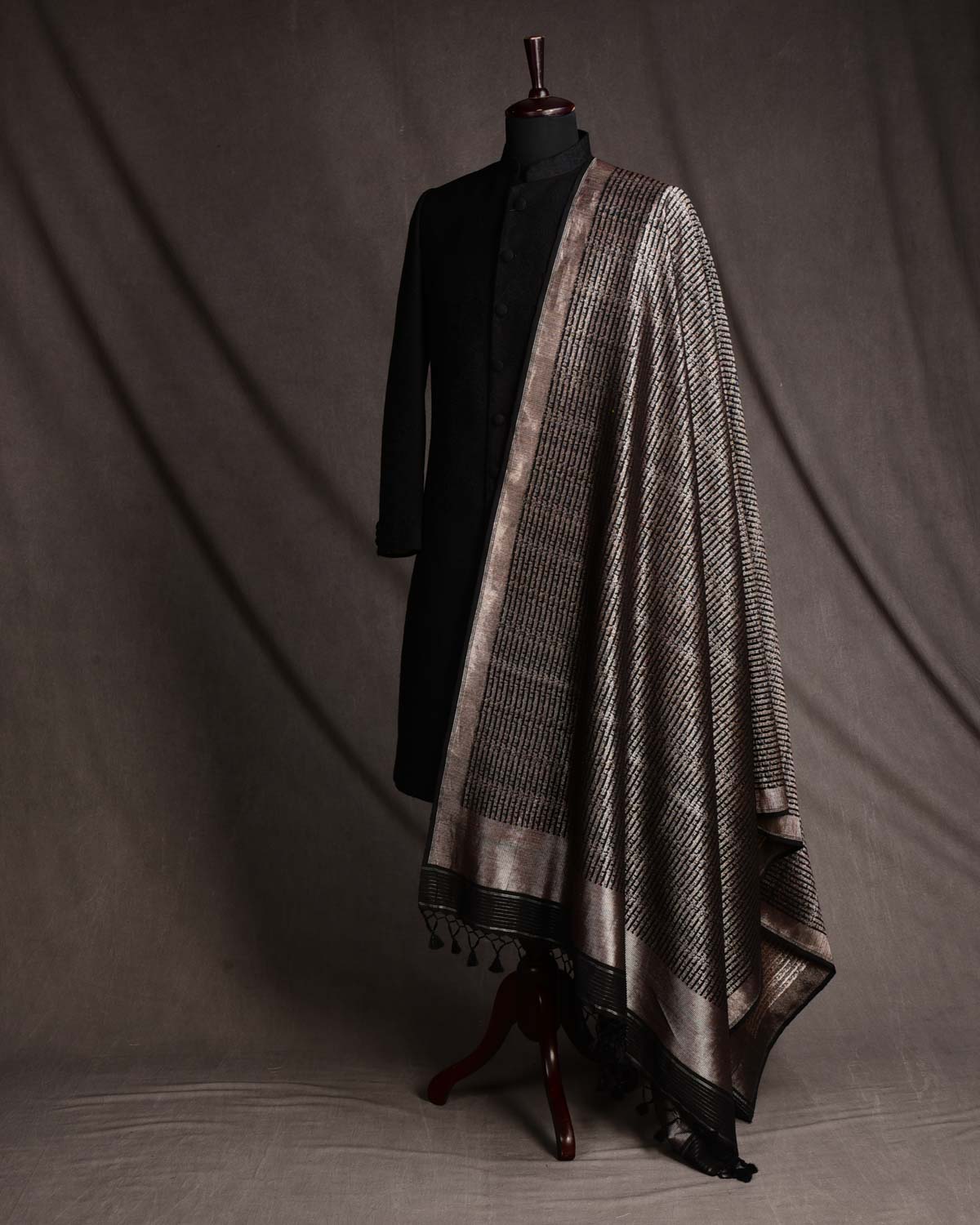 Black Banarasi Silver Speckled Zari Geeta Shlok 2.47 Brocade Handwoven Silk Wool Dress Shawl-HolyWeaves