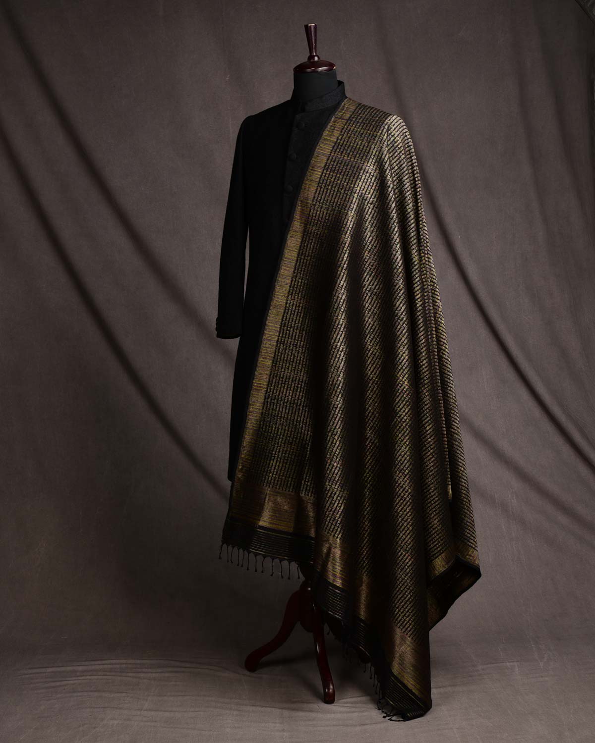 Rainbow Black Banarasi Gold Speckled Color Zari Geeta Shlok 2.47 Brocade Handwoven Silk Wool Dress Shawl-HolyWeaves