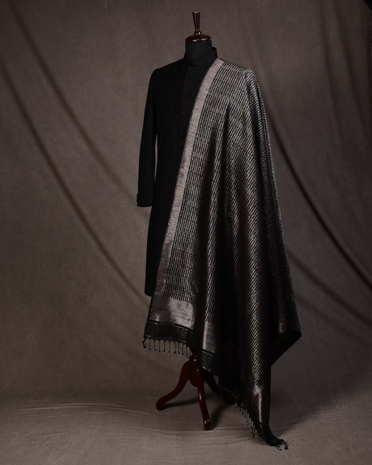 Black Banarasi Silver Speckled Zari Geeta Shlok 2.47 Brocade Handwoven Silk Wool Dress Shawl-HolyWeaves