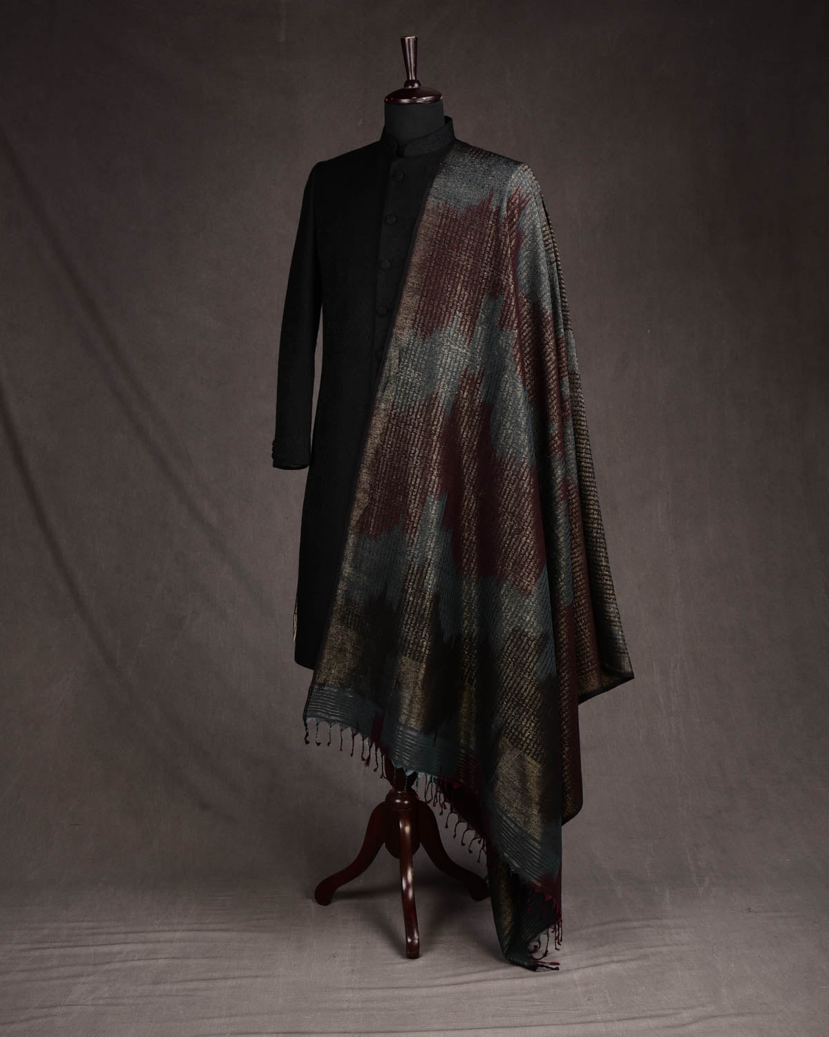 Ombre Maroon Gray Antique Zari Geeta Shlok 2.47 Brocade Handwoven Silk Wool Dress Shawl-HolyWeaves