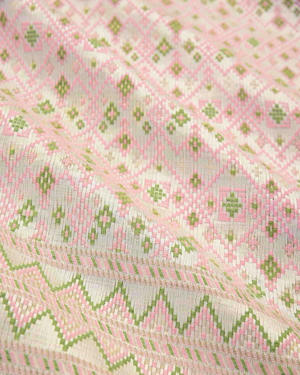 White Banarasi Pink Green & Gold Meena Patola Jamawar Handwoven Silk Wool Dress Shawl-HolyWeaves