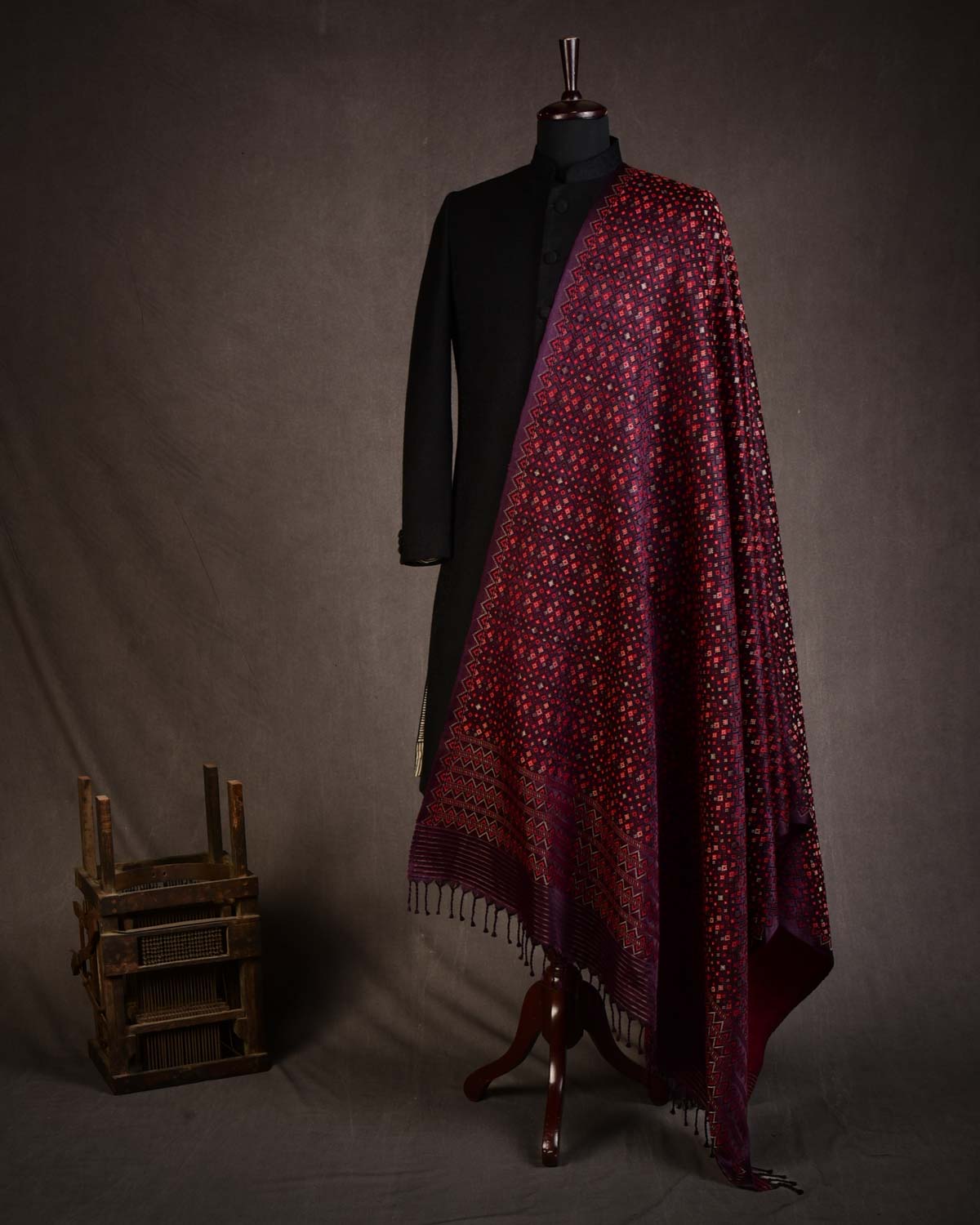 Mahogany Tehra Jamawar Handwoven Silk Wool Dress Shawl with Gold Zari Accents-HolyWeaves