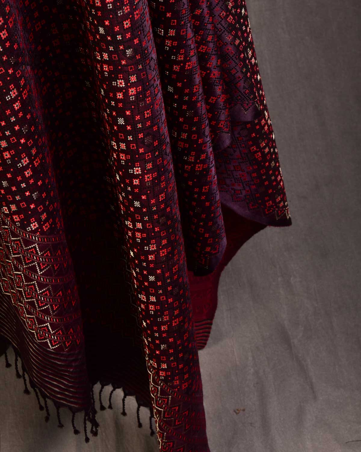 Mahogany Tehra Jamawar Handwoven Silk Wool Dress Shawl with Gold Zari Accents-HolyWeaves