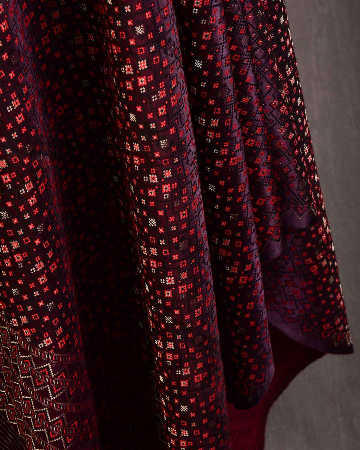 Mahogany Tehra Jamawar Handwoven Silk Wool Dress Shawl with Gold Zari Accents-HolyWeaves