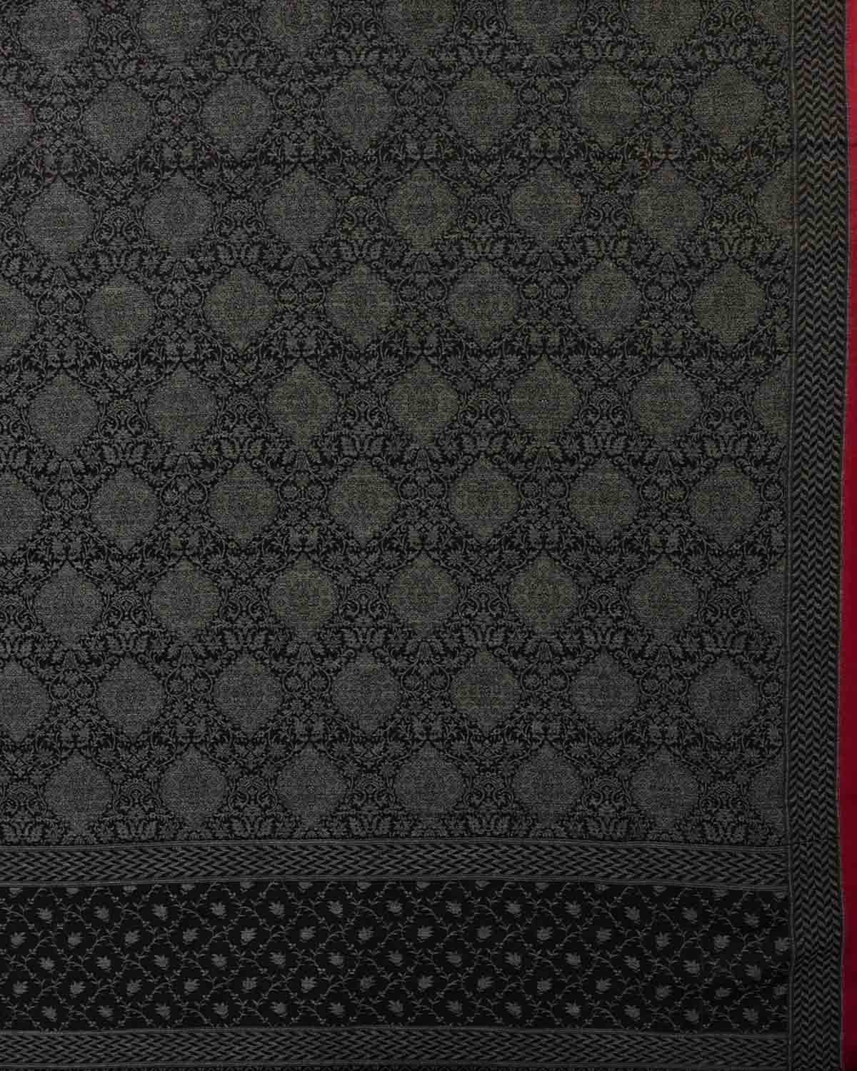 Gray Banarasi Damask Tanchoi Handwoven Silk Wool Shawl with Maroon Selvage-HolyWeaves