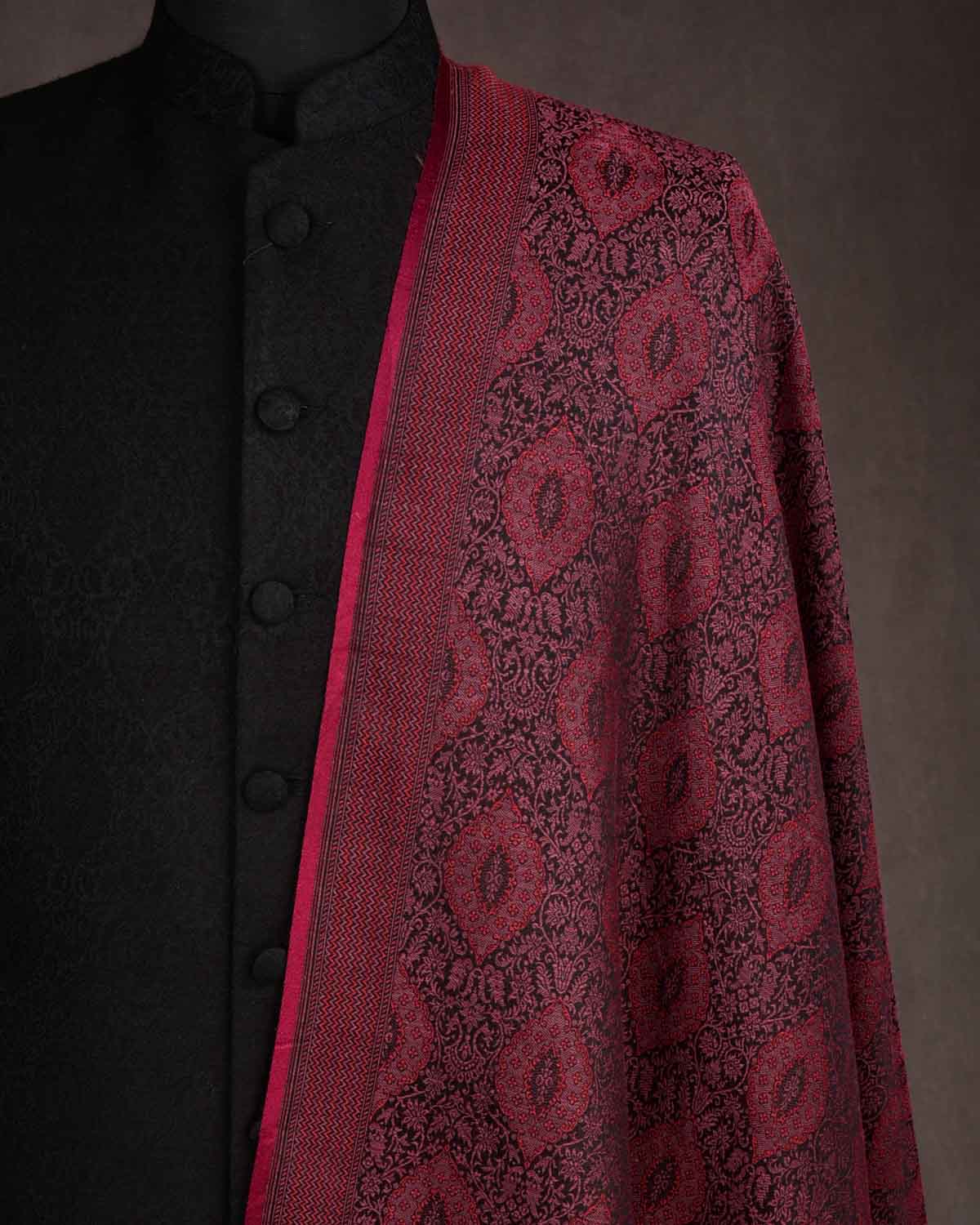 Maroon On Garnet Damask Tanchoi Handwoven Silk Wool Unisex Dress Shawl-HolyWeaves