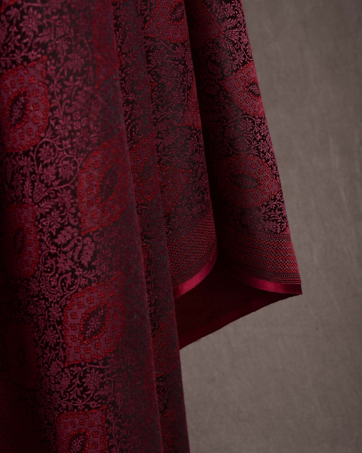 Maroon On Garnet Damask Tanchoi Handwoven Silk Wool Unisex Dress Shawl