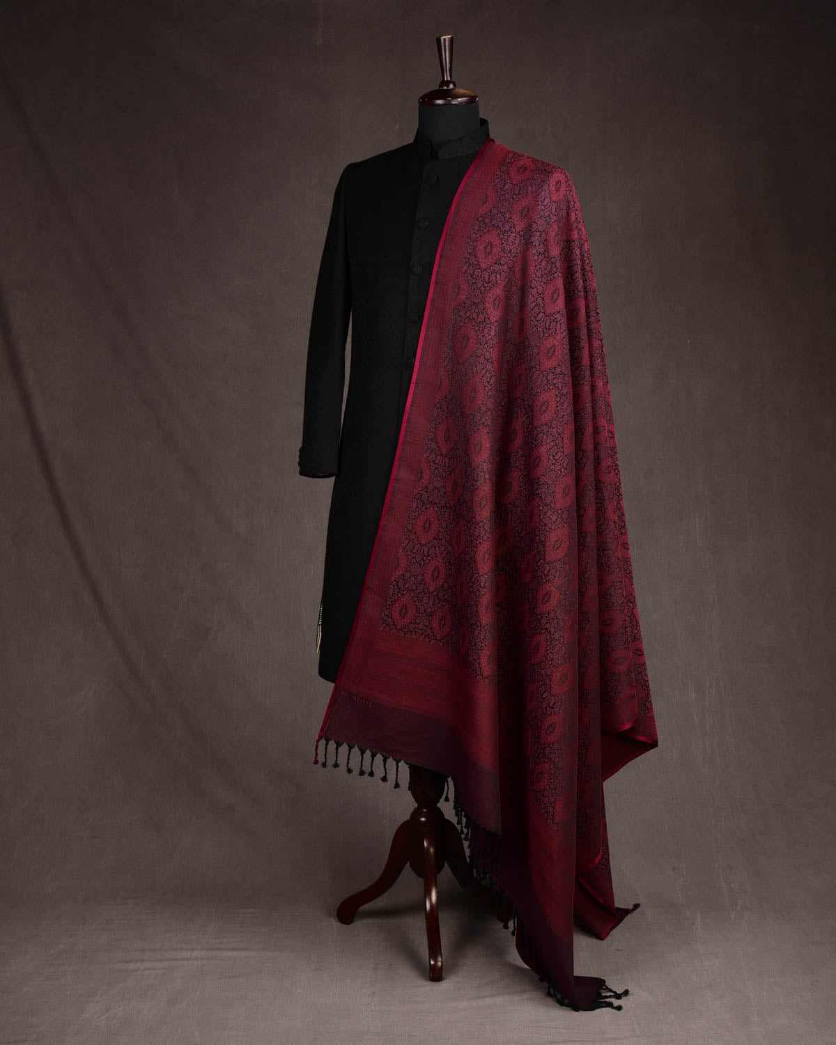 Maroon On Garnet Damask Tanchoi Handwoven Silk Wool Unisex Dress Shawl