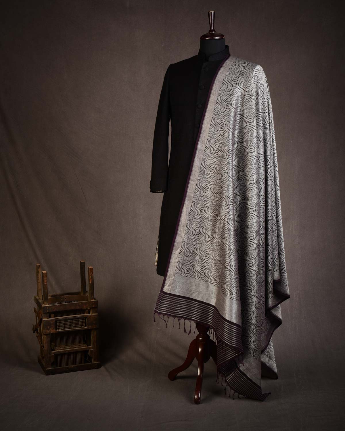 Mahogany Silver Zari Illusion Houndstooth Brocade Handwoven Silk Wool Dress Shawl-HolyWeaves