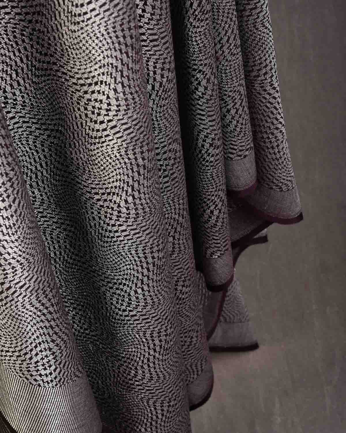 Mahogany Silver Zari Illusion Houndstooth Brocade Handwoven Silk Wool Dress Shawl-HolyWeaves