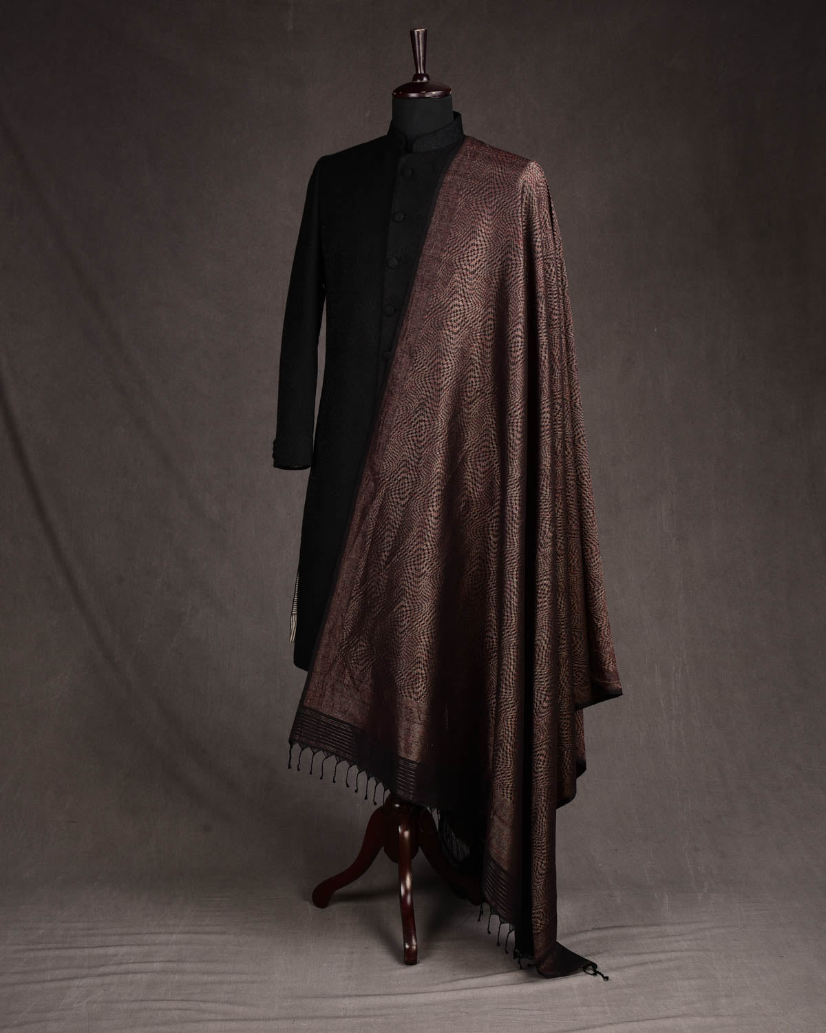 Black Maroon & Gold Zari Illusion Houndstooth Brocade Handwoven Silk Wool Unisex Dress Shawl-HolyWeaves