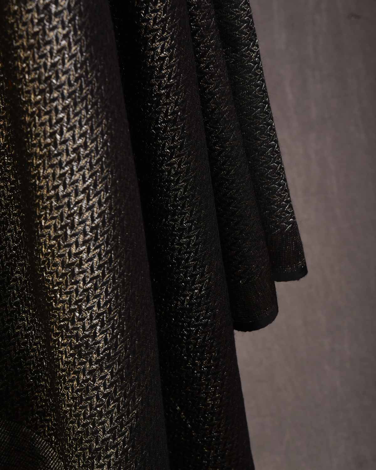 Black Gold & Silver Zari Herringbone Brocade Handwoven Silk Wool Dress Shawl-HolyWeaves