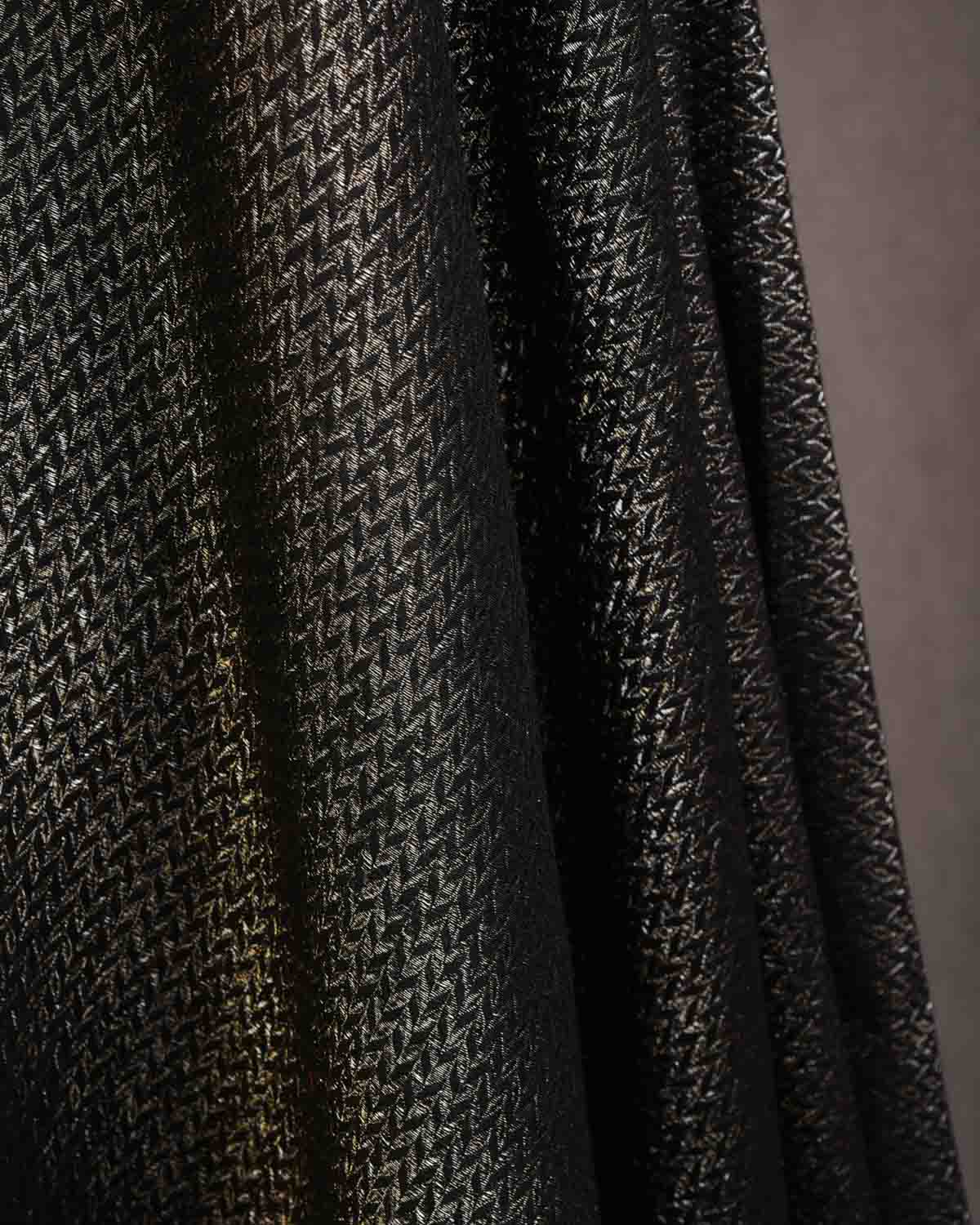 Black Gold & Silver Zari Herringbone Brocade Handwoven Silk Wool Dress Shawl-HolyWeaves