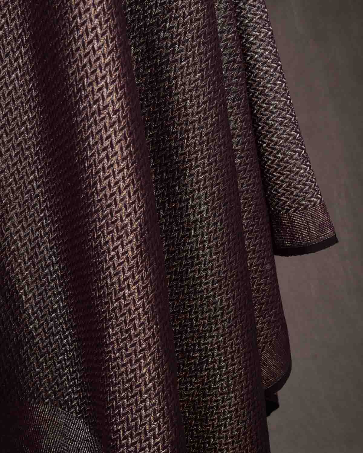 Mahogany Gold & Silver Zari Herringbone Brocade Handwoven Silk Wool Dress Shawl-HolyWeaves