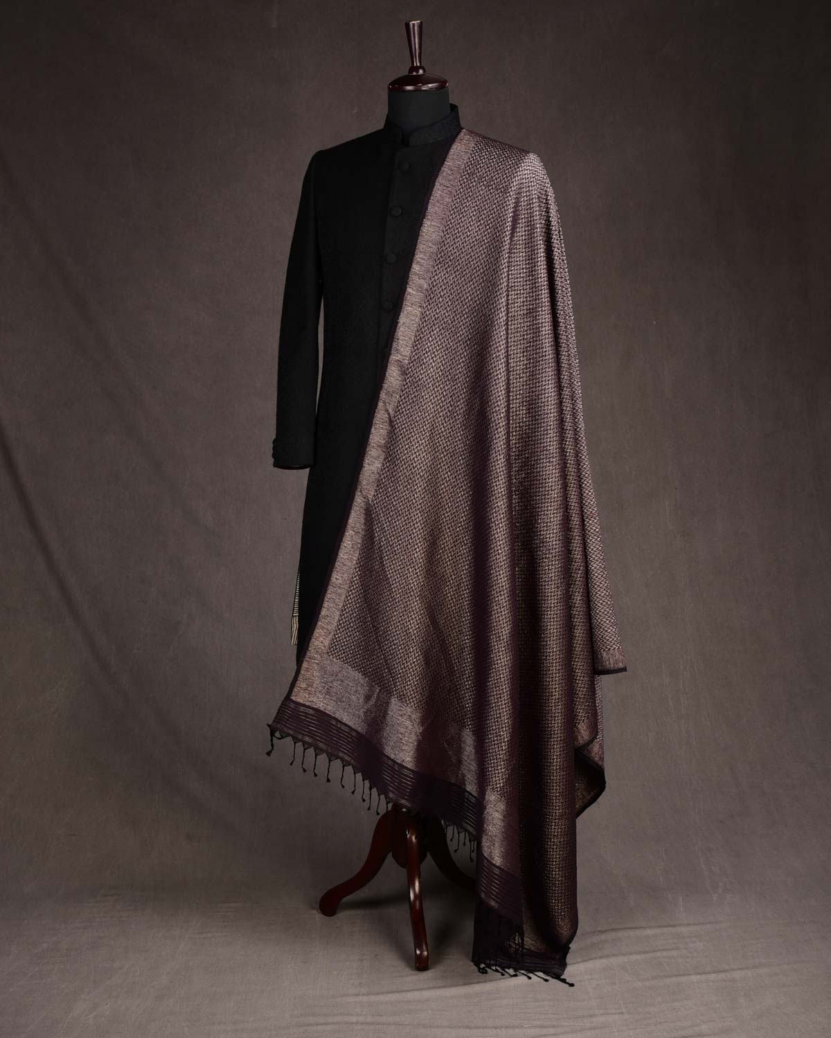 Mahogany Gold & Silver Zari Herringbone Brocade Handwoven Silk Wool Dress Shawl-HolyWeaves