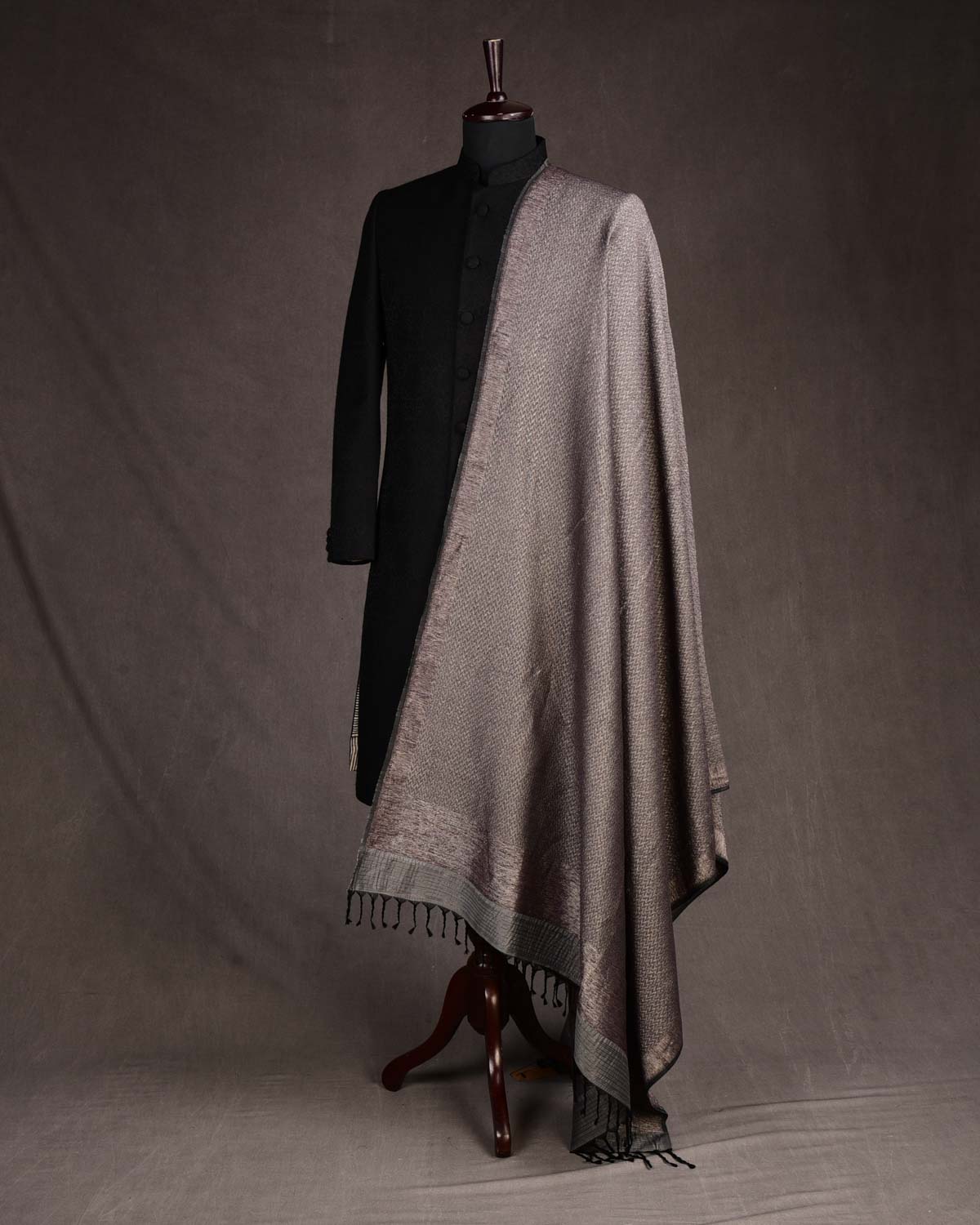 Gray Gold & Silver Zari Herringbone Brocade Handwoven Silk Wool Dress Shawl-HolyWeaves