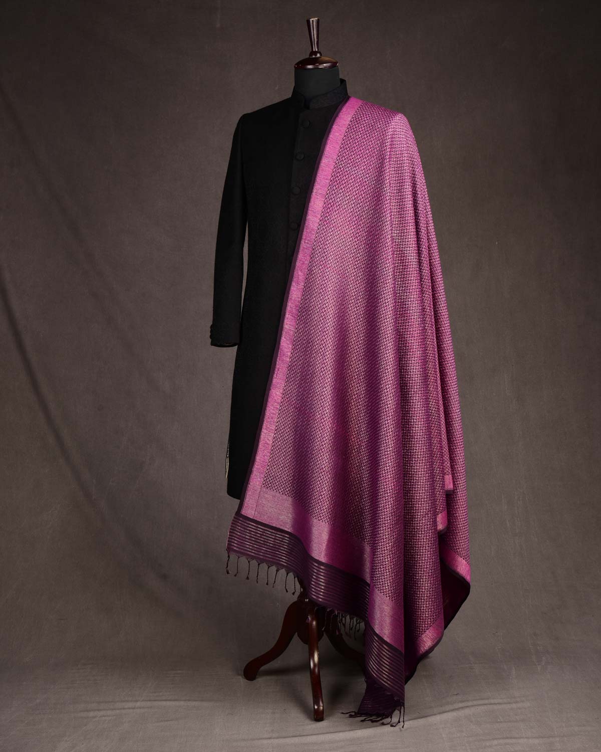 Magenta Gold & Silver Zari Herringbone Brocade Handwoven Silk Wool Dress Shawl-HolyWeaves