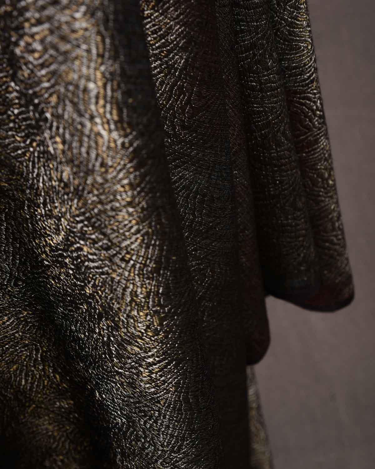 Ombre Black Gold & Silver Zari Tiger Stripes Brocade Handwoven Silk Wool Unisex Dress Shawl-HolyWeaves