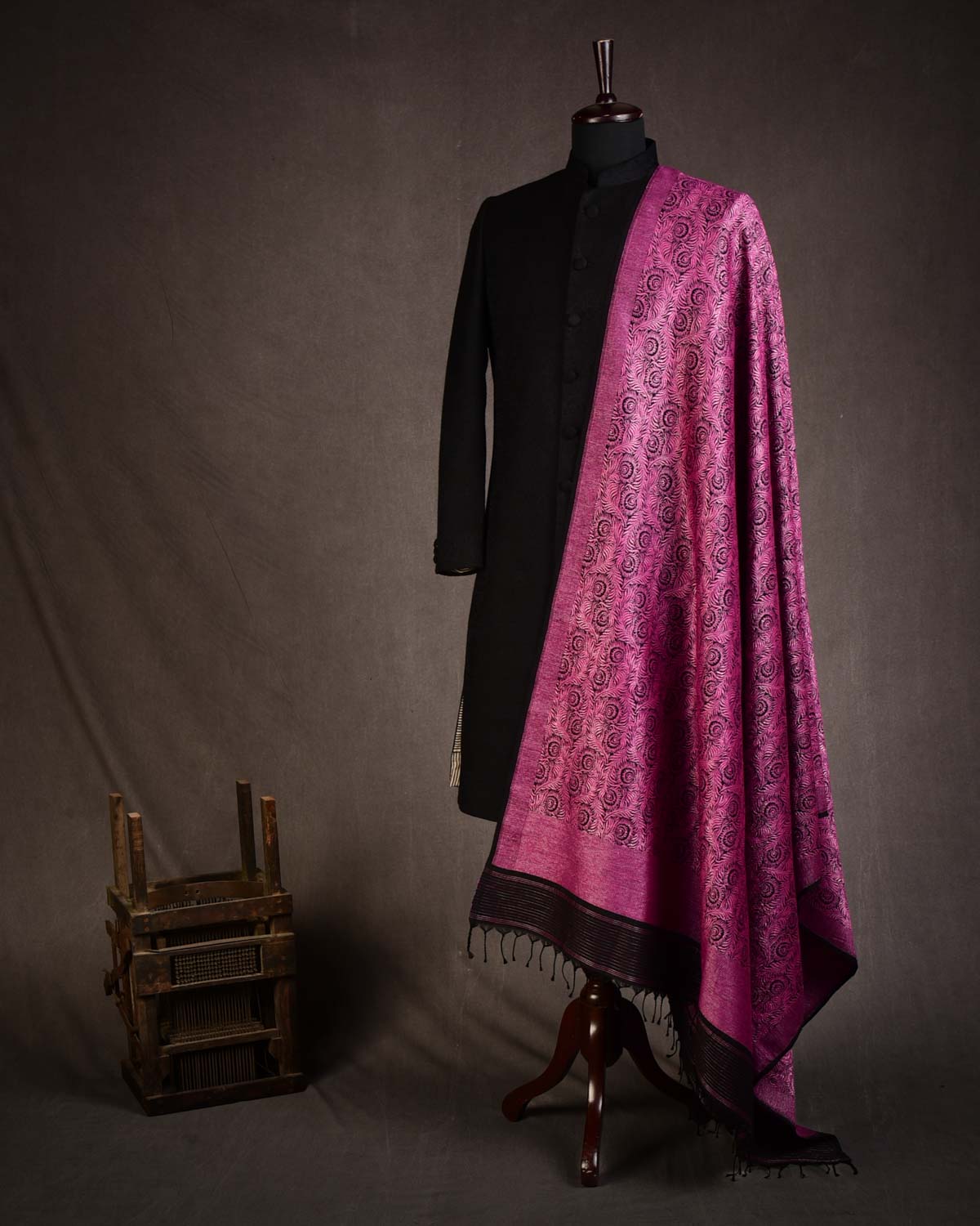 Black & Metallic Pink Morpankh Brocade Handwoven Silk Wool Banarasi Shawl-HolyWeaves