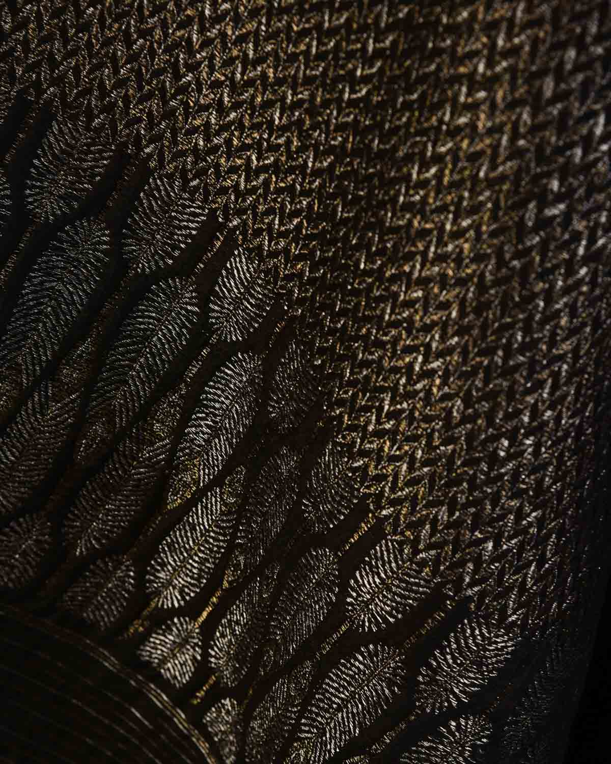 Black Gold & Silver Metallic Zari Herring Bone Brocade Handwoven Silk Wool Dress Shawl with Feather Pallu-HolyWeaves