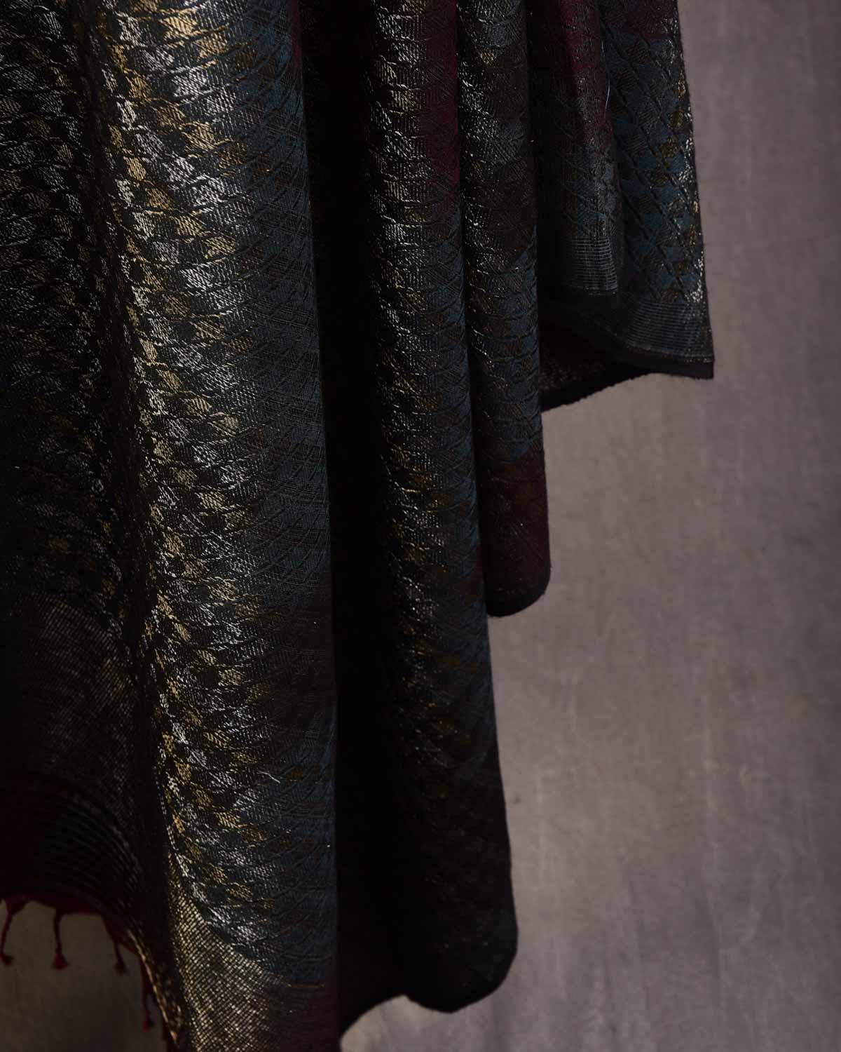 Black Gold & Silver Zari Houndstooth Brocade Handwoven Silk Wool Dress Shawl-HolyWeaves