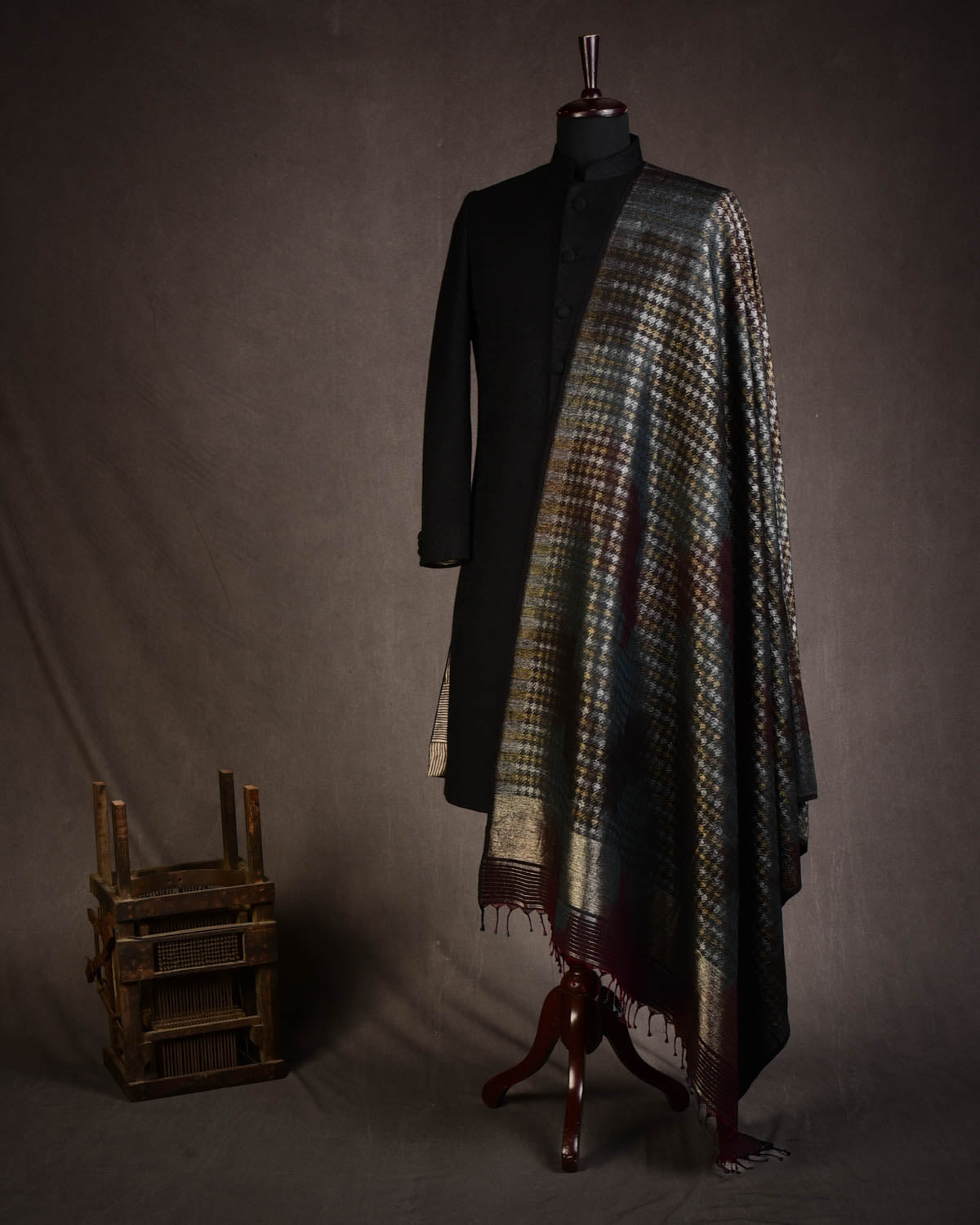 Black Gold & Silver Zari Houndstooth Brocade Handwoven Silk Wool Dress Shawl-HolyWeaves