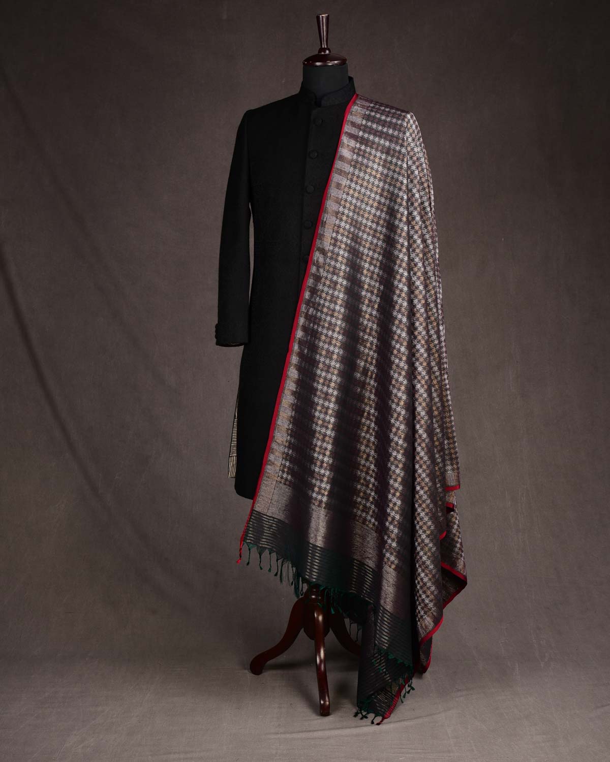 Midnight Green Gold & Silver Zari Houndstooth Brocade Handwoven Silk Wool Dress Shawl-HolyWeaves