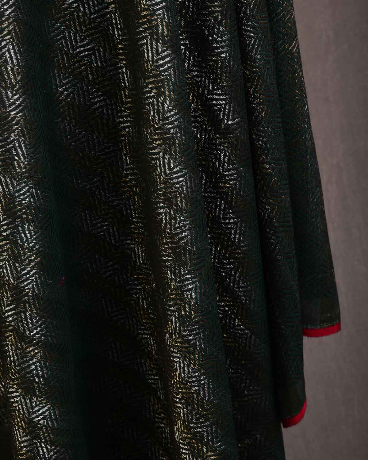 Midnight Green Gold & Silver Zari Chequered Chevron Brocade Handwoven Silk Wool Dress Shawl-HolyWeaves