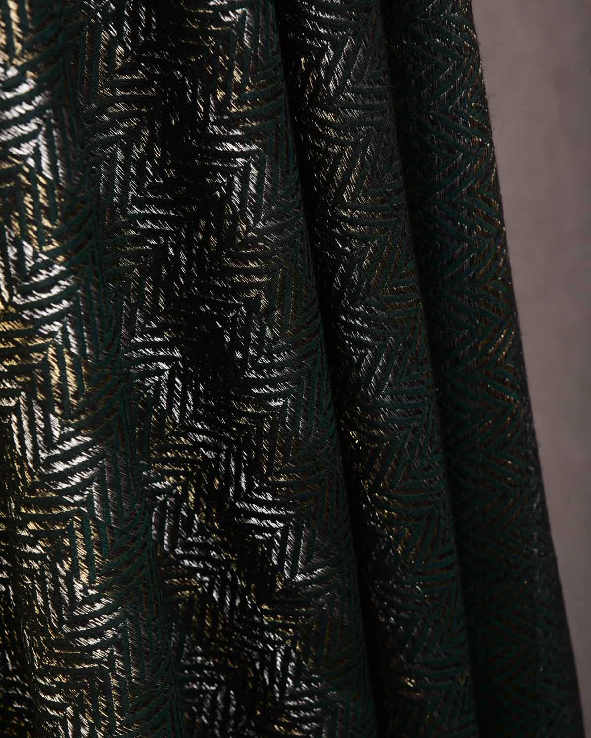 Midnight Green Gold & Silver Zari Chequered Chevron Brocade Handwoven Silk Wool Dress Shawl-HolyWeaves