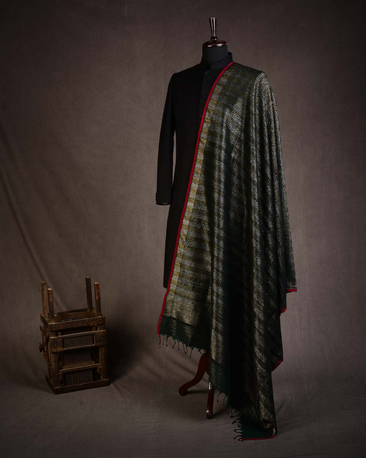 Midnight Green Gold & Silver Zari Chequered Chevron Brocade Handwoven Silk Wool Dress Shawl-HolyWeaves