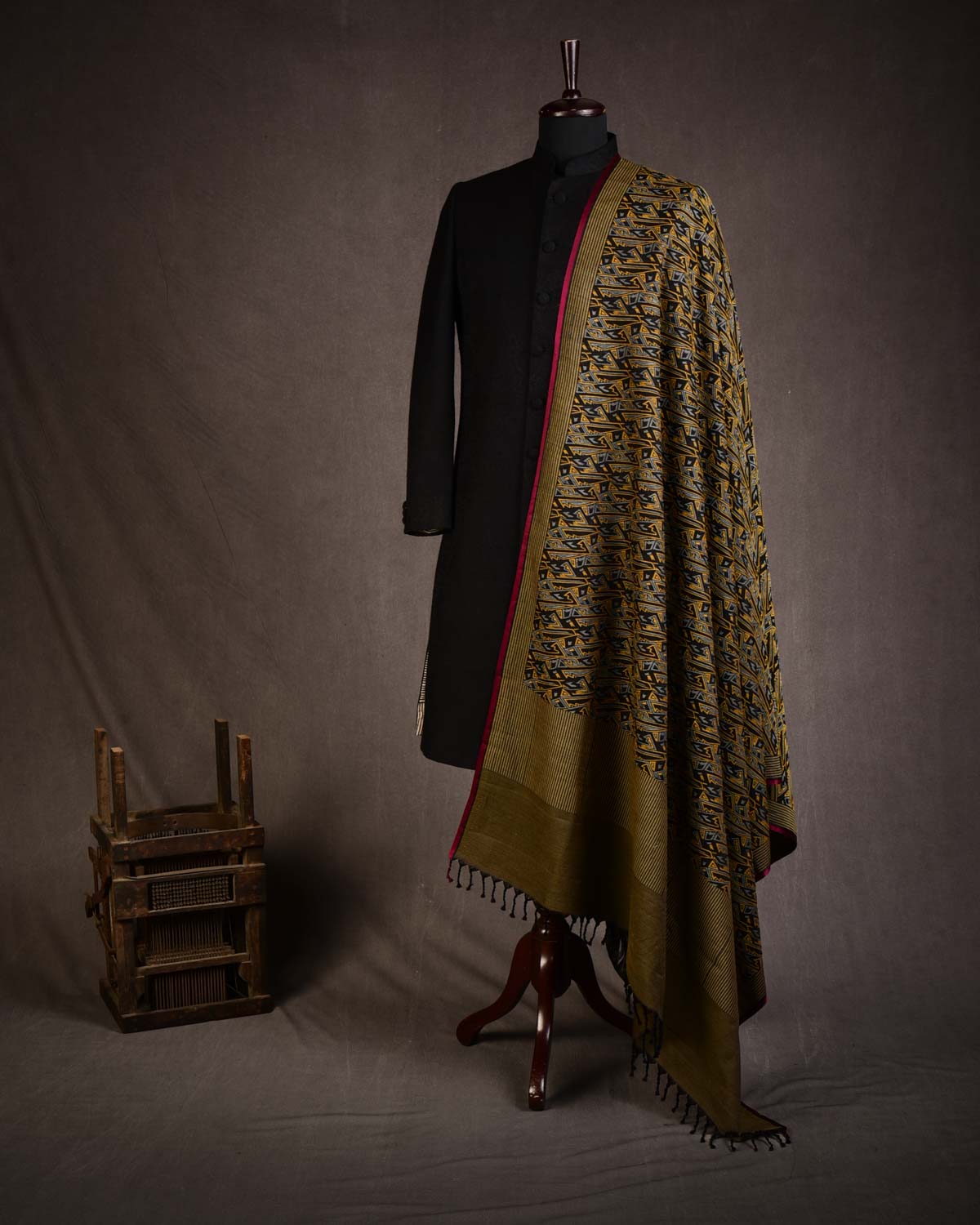 Yellow Gray Black 3-Color Contemporary Glitch Jamawar Handwoven Silk Wool Dress Shawl-HolyWeaves