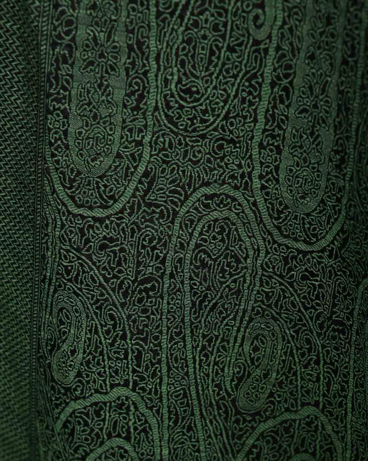 Green Paisley Satin Tanchoi Handwoven Silk Wool Banarasi Shawl with Navy Contrast Back-HolyWeaves