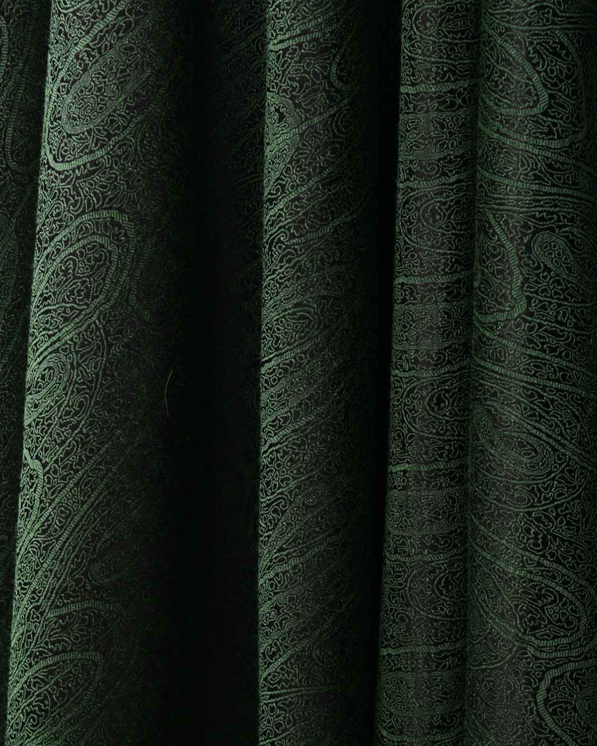 Green Paisley Satin Tanchoi Handwoven Silk Wool Banarasi Shawl with Navy Contrast Back-HolyWeaves