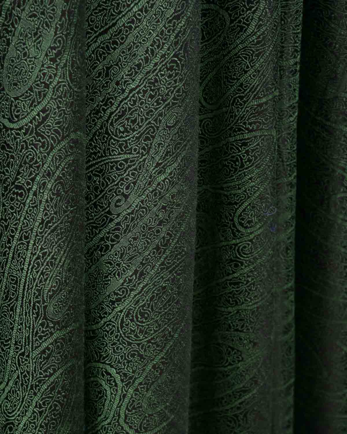 Green Paisley Satin Tanchoi Handwoven Silk Wool Banarasi Shawl with Navy Contrast Back-HolyWeaves